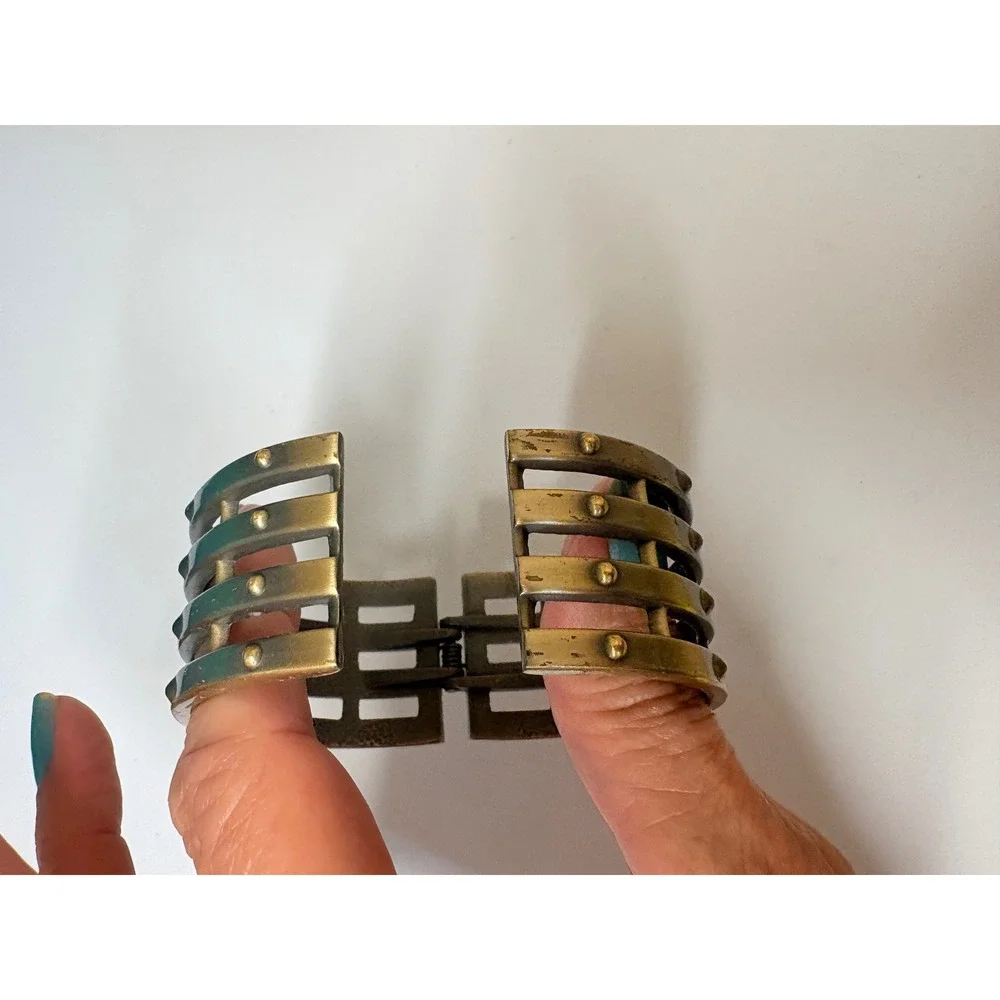 Antique Brass‎ Tone Industrial Four Band Studded Hinge Cuff Bracelet